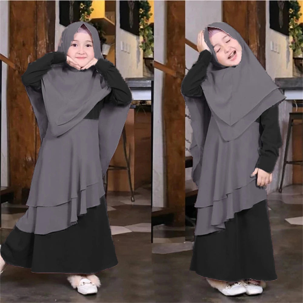 Muslim Girls Prayer Dress Set - 2-Piece Hijab Abaya with Headscarf for Children