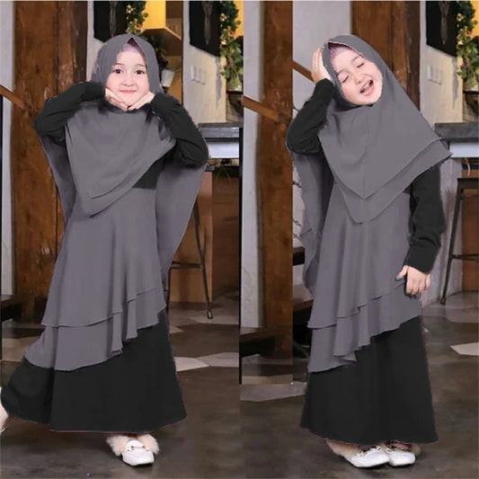 Muslim Girls Prayer Dress Set - 2-Piece Hijab Abaya with Headscarf for Children