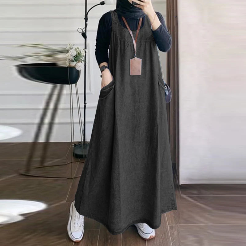 Denim Overall Dress with Pockets - Casual A-Line Maxi