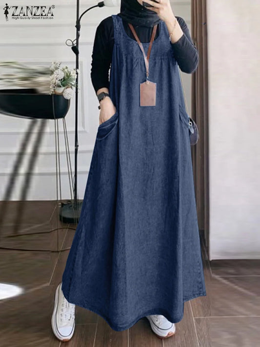 Denim Overall Dress with Pockets - Casual A-Line Maxi
