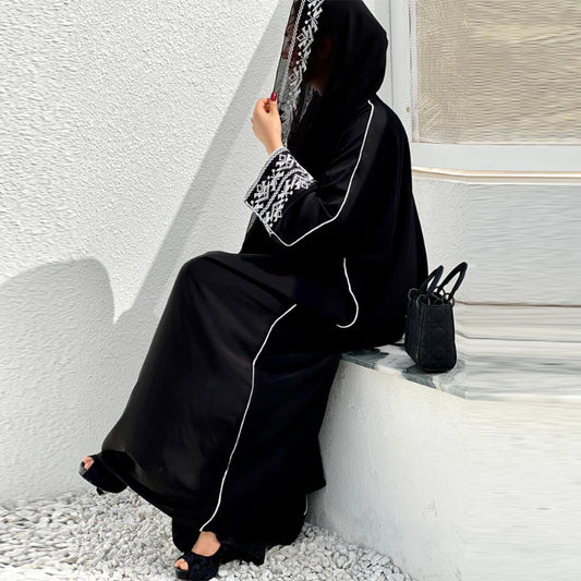 Bow Embroidered Abaya Kimono - Long Sleeve Modest Coat