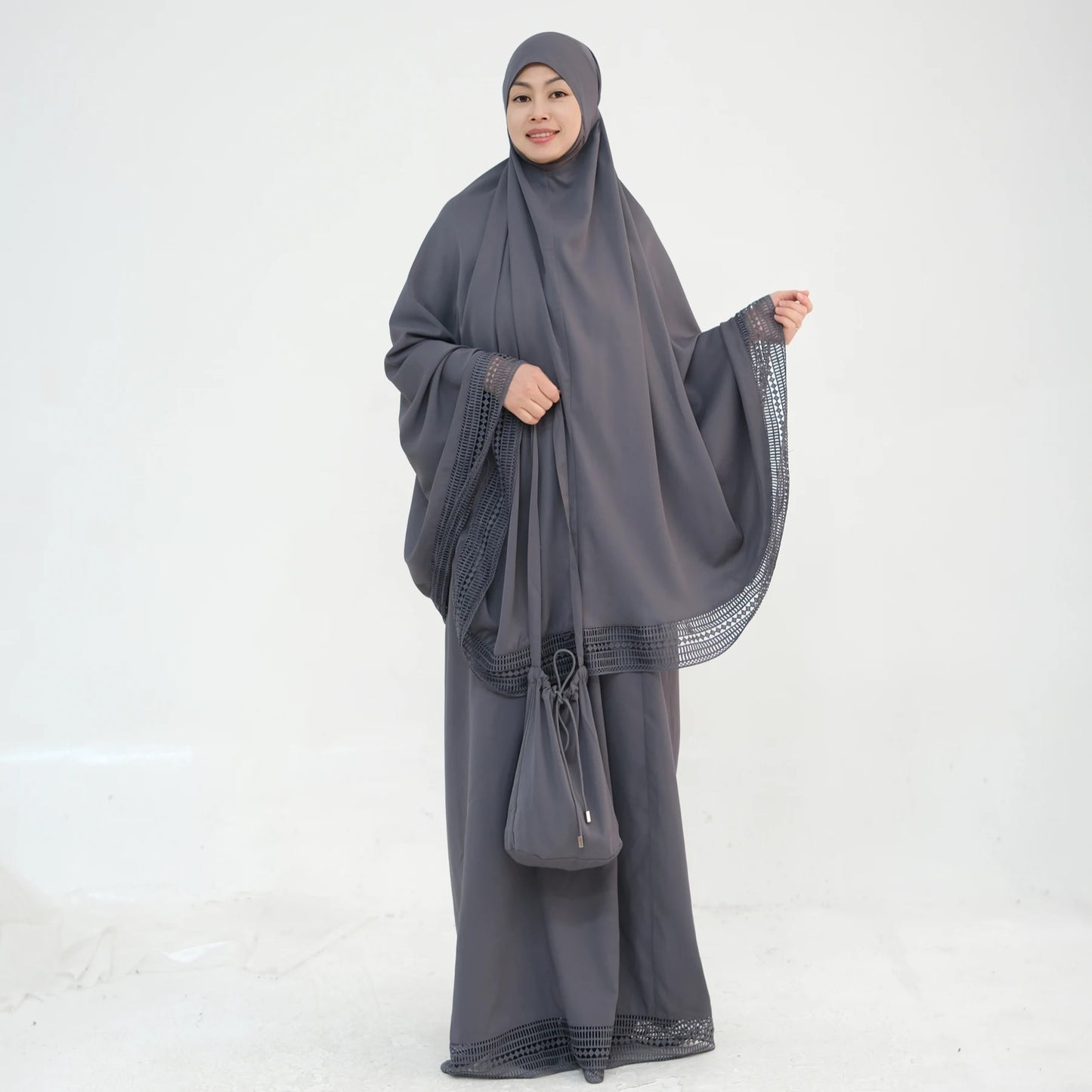 4-Piece Lace Trim Prayer Set - Complete Hijabi Salah Set with Khimar, Skirt, Rug & Pouch | Ramadan