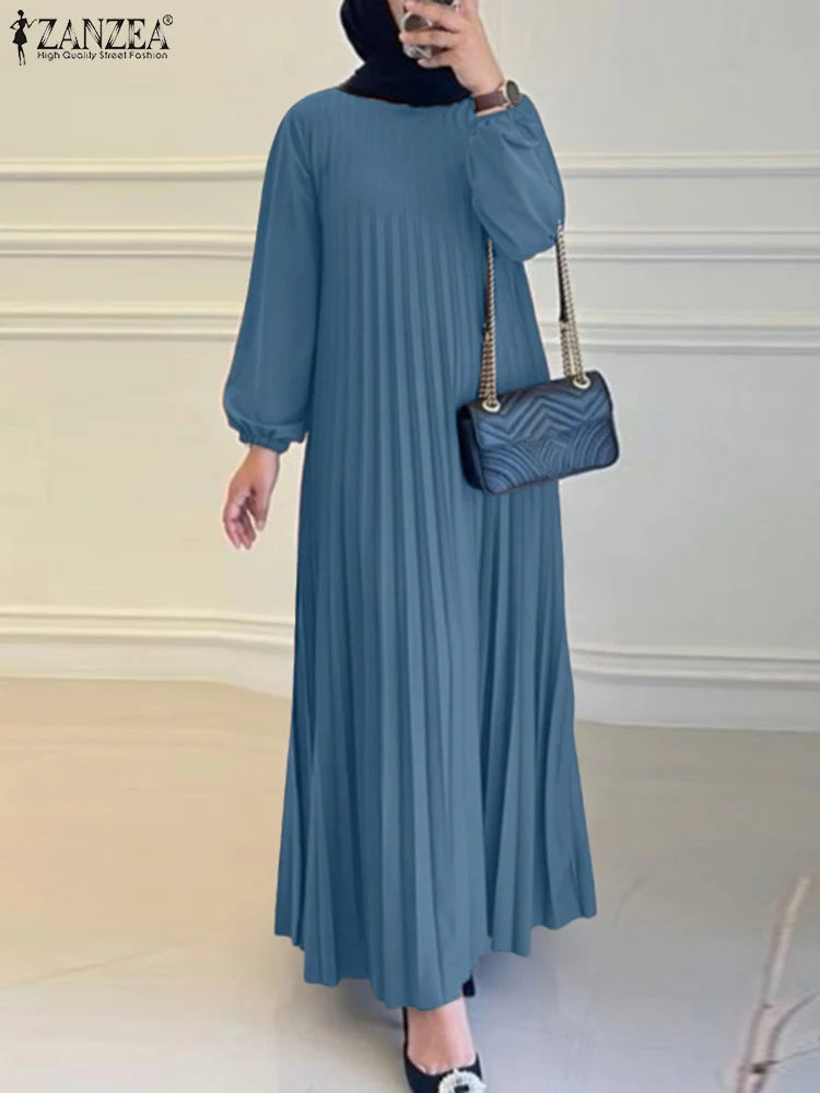 Pleated A-Line Abaya - Modest Long Dress with O-Neck