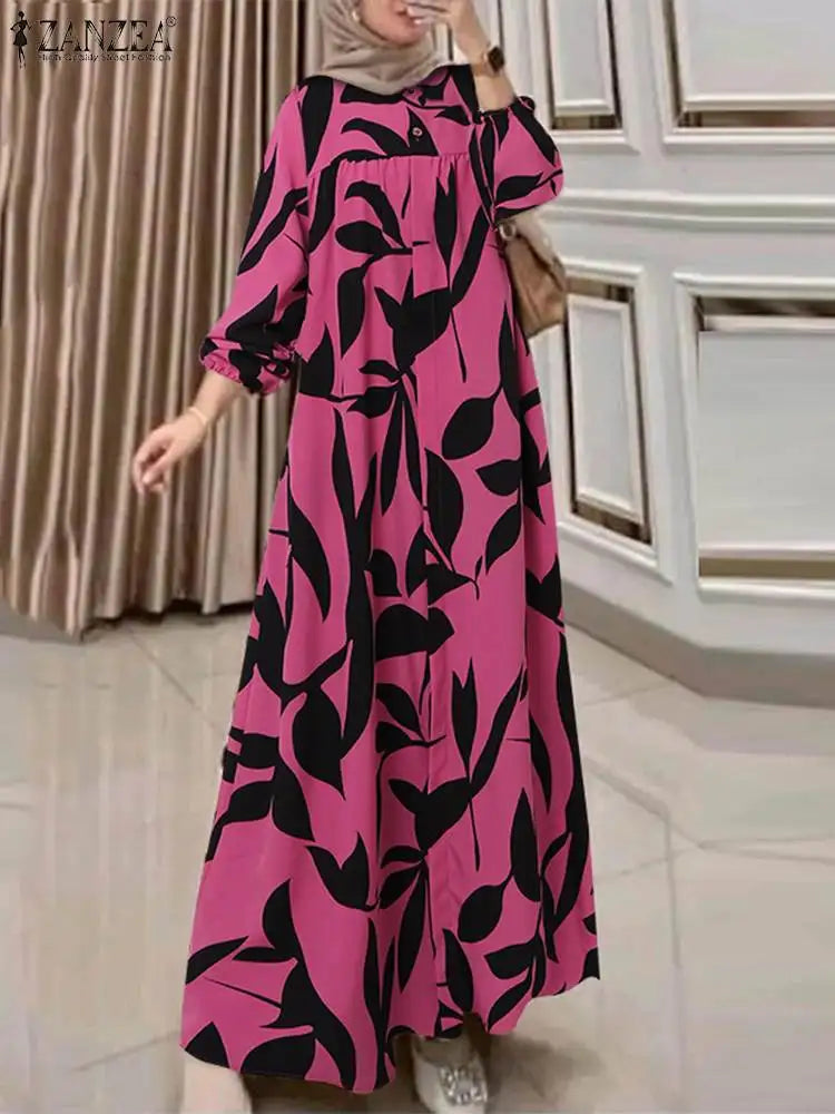 Ruffled Print Abaya - Casual A-Line Maxi Dress