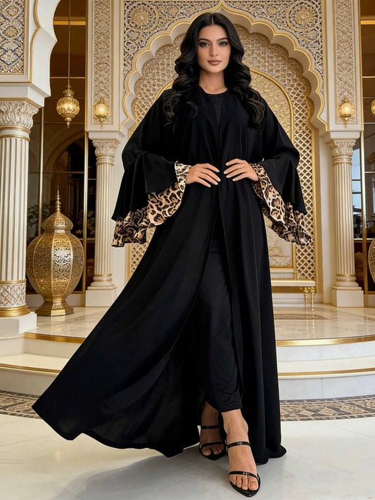 Black Open-Front Abaya with Leopard Print Bell Sleeves