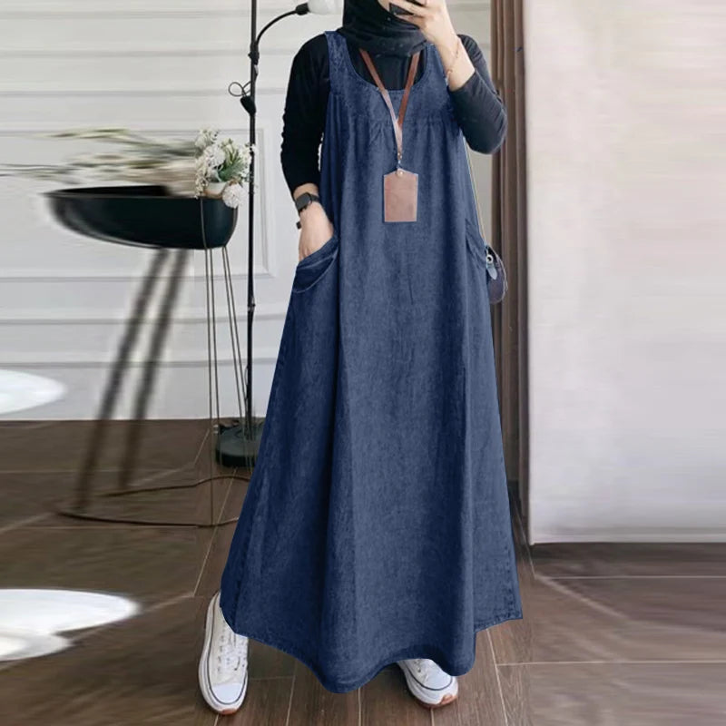 Denim Overall Dress with Pockets - Casual A-Line Maxi