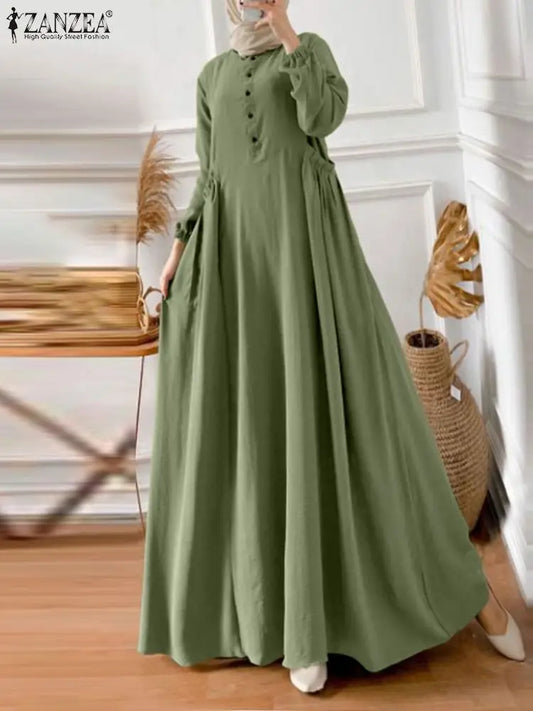 ZANZEA Muslim Maxi Dress - Elegant Long Sleeve Kaftan Abaya for Women