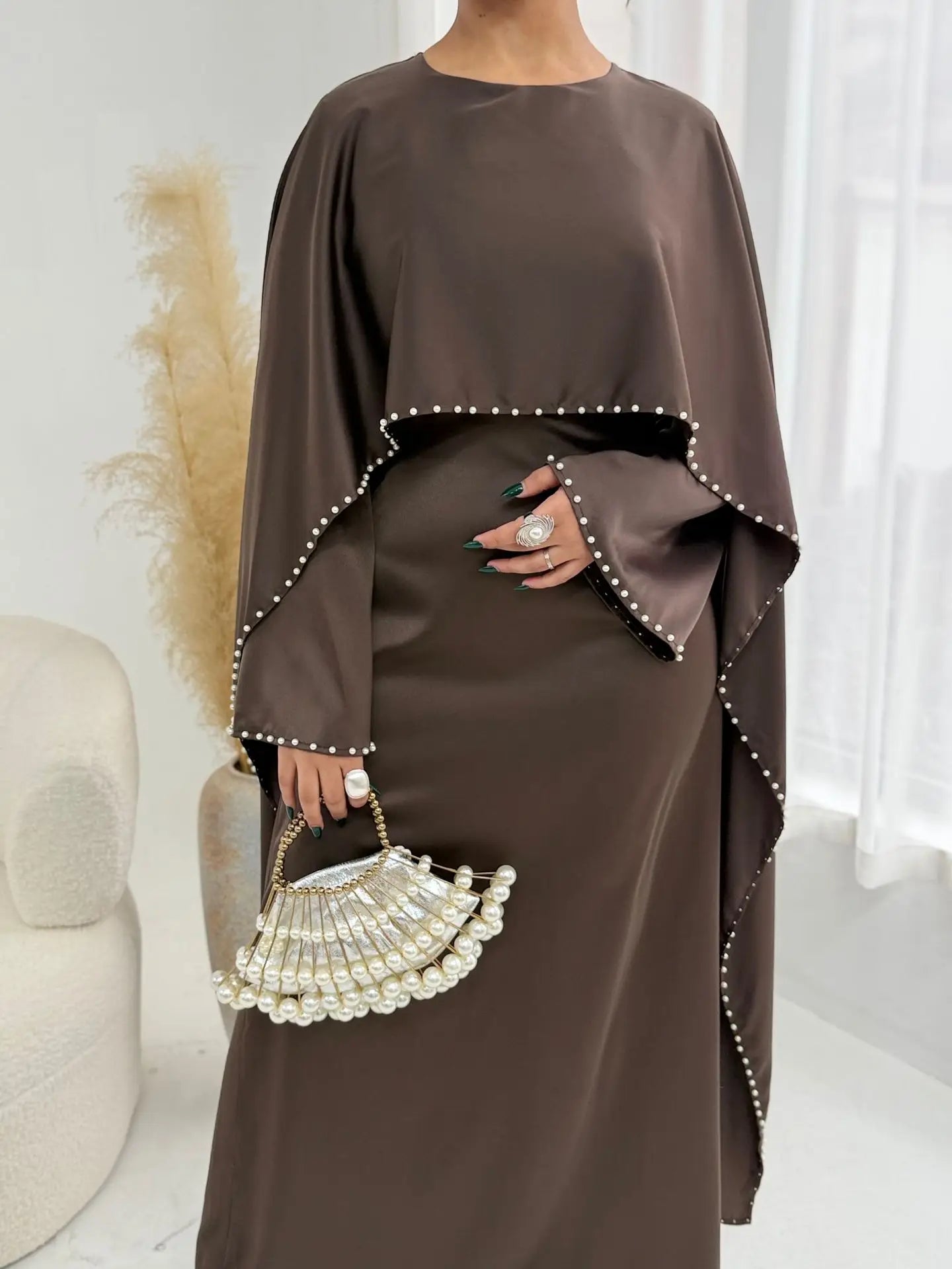 Elegant Beaded Muslim Party Dress - Long Sleeve Abaya Jalabiya for Eid & Ramadan