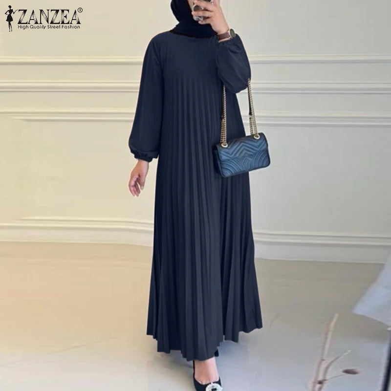 Pleated Maxi Dress - Elegant Long Sleeve Abaya