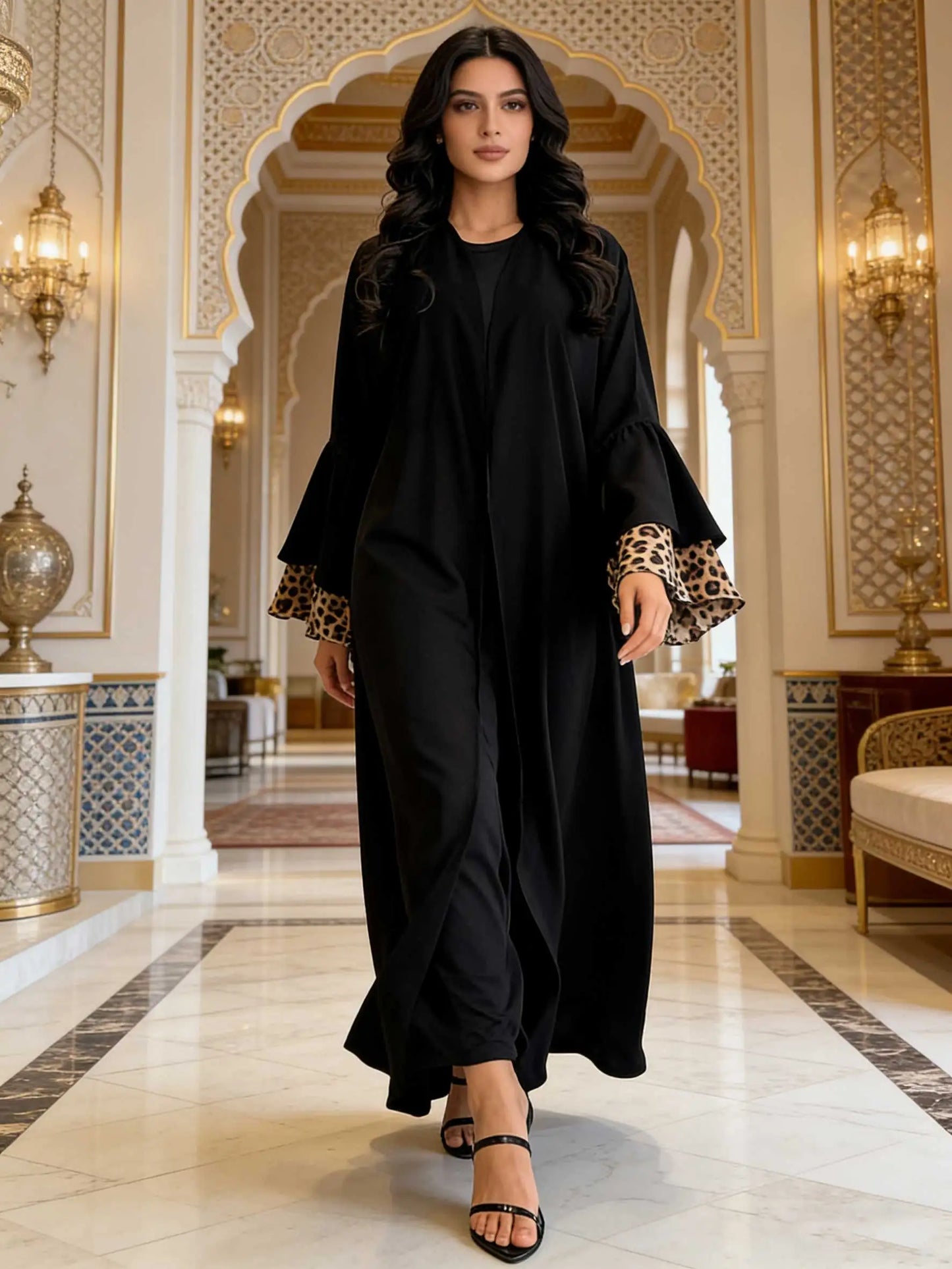 Black Open-Front Abaya with Leopard Print Bell Sleeves