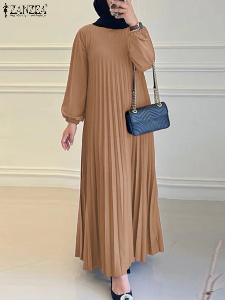 Pleated Maxi Dress - Elegant Long Sleeve Abaya