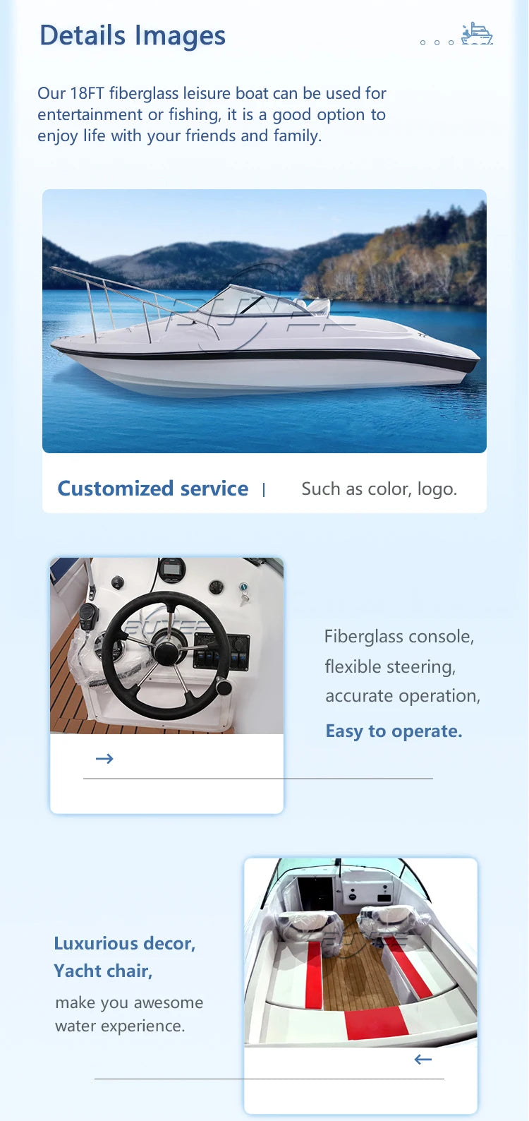 18ft Fiberglass Fishing Boat - 5.5M Leisure Boat with Outboard Motor