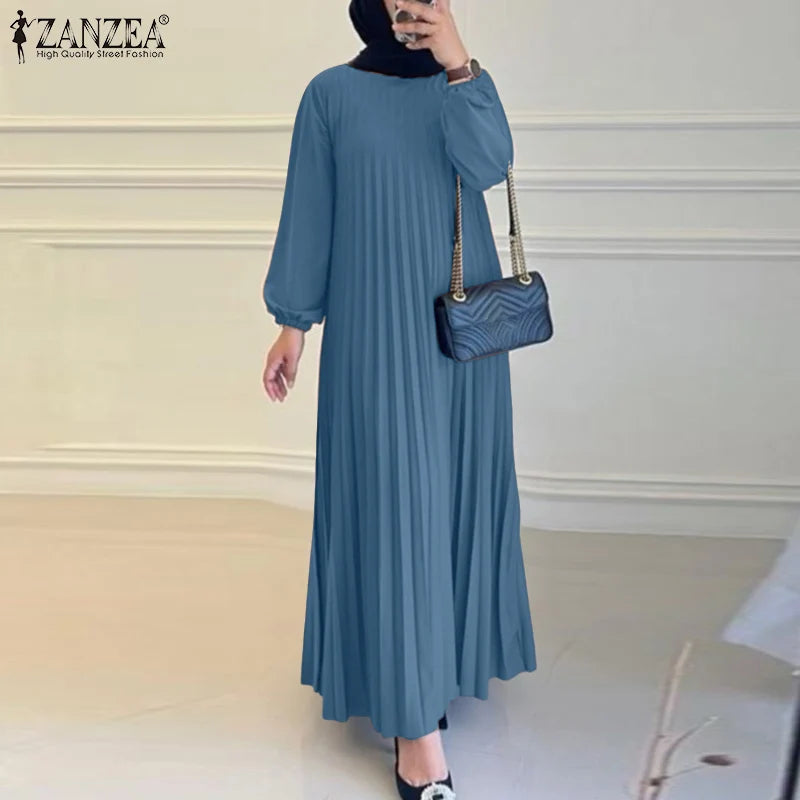 Pleated A-Line Abaya - Modest Long Dress with O-Neck