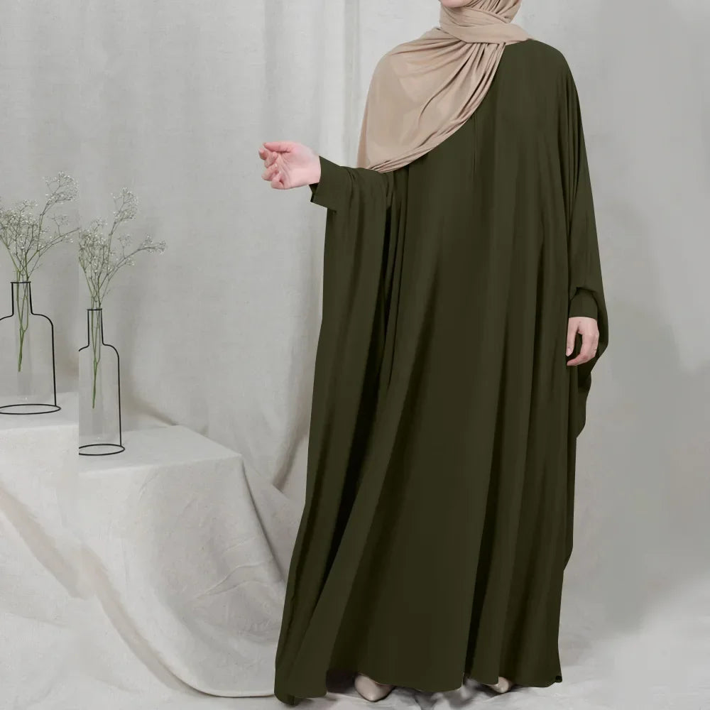 Muslim Women's Zipper Front Abaya - Modest Prayer Dress with Bat Sleeves