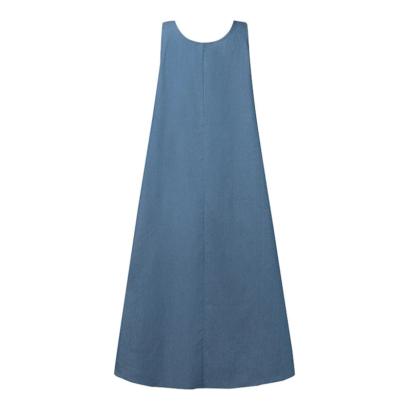 Denim Overall Dress with Pockets - Casual A-Line Maxi