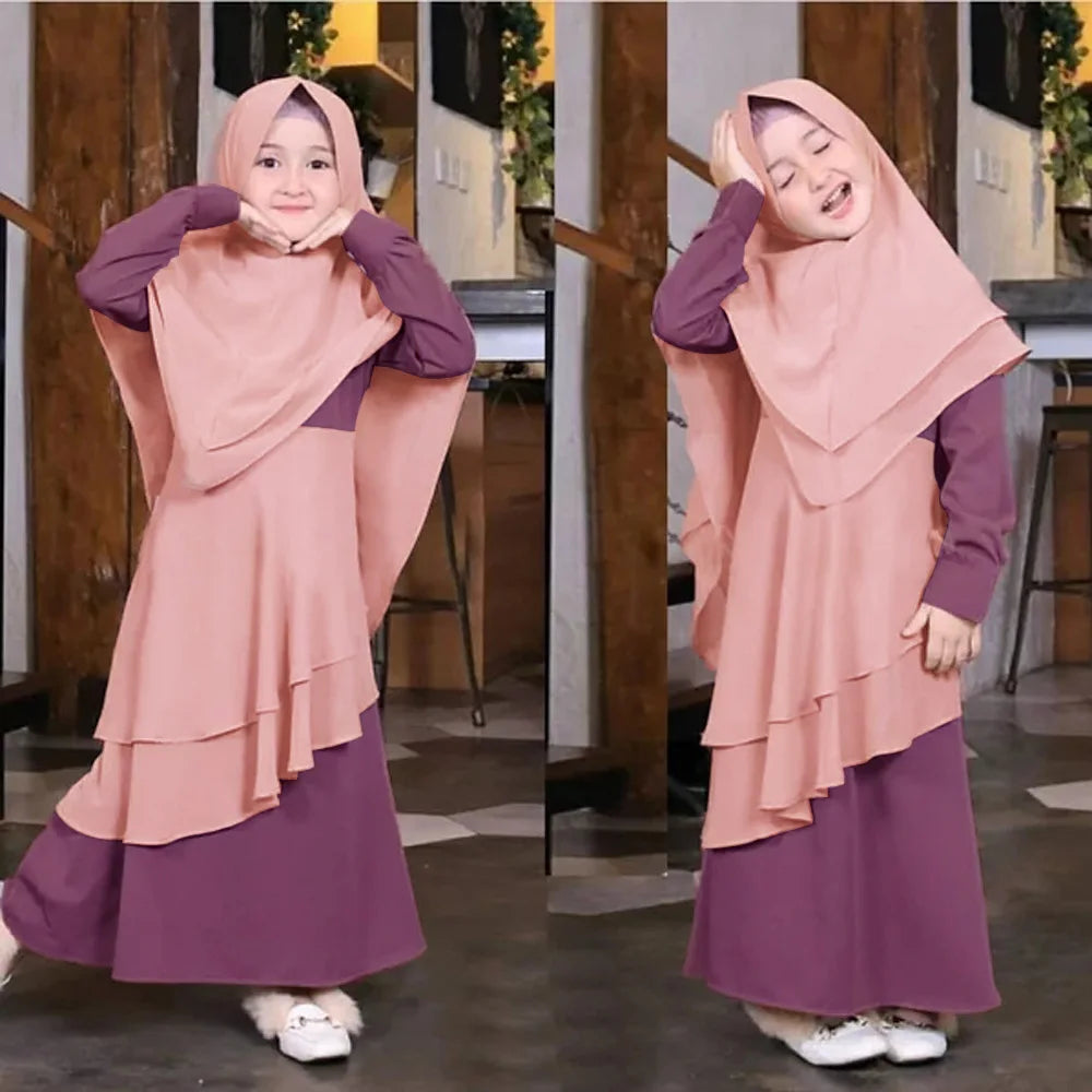 Muslim Girls Prayer Dress Set - 2-Piece Hijab Abaya with Headscarf for Children