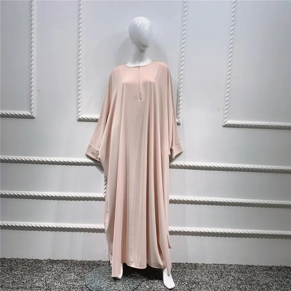 Muslim Women's Zipper Front Abaya - Modest Prayer Dress with Bat Sleeves