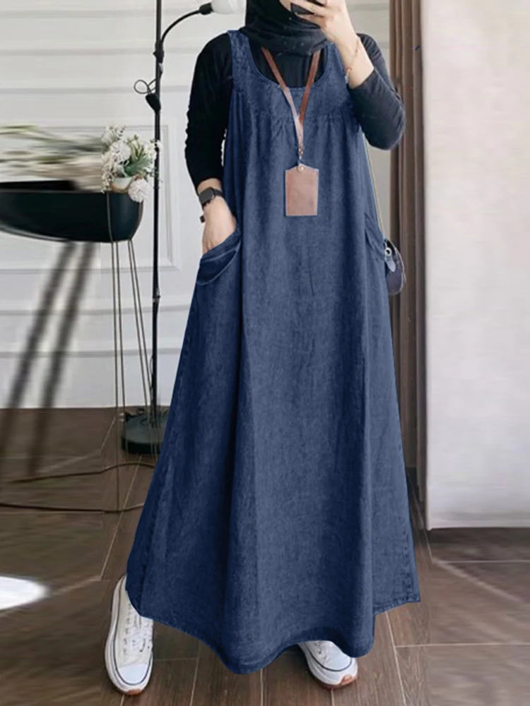 Denim Overall Dress with Pockets - Casual A-Line Maxi