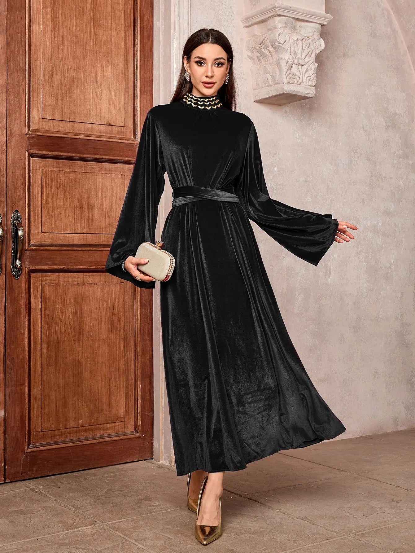 Luxury Velvet Dress with Belt - Embroidered Party Abaya