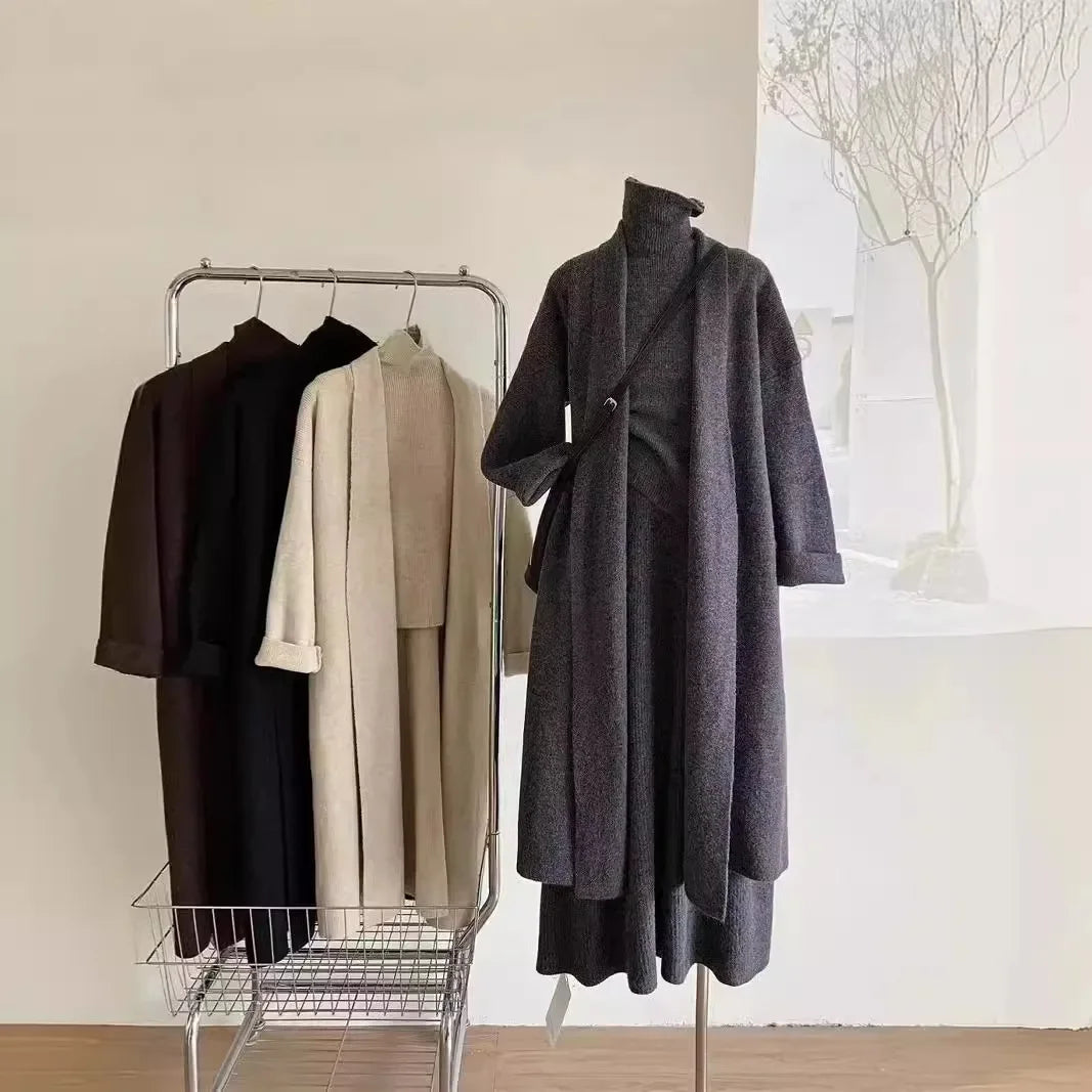 3-Piece Knitted Muslim Set - Cardigan, Waistcoat & Long Skirt Ensemble for Women