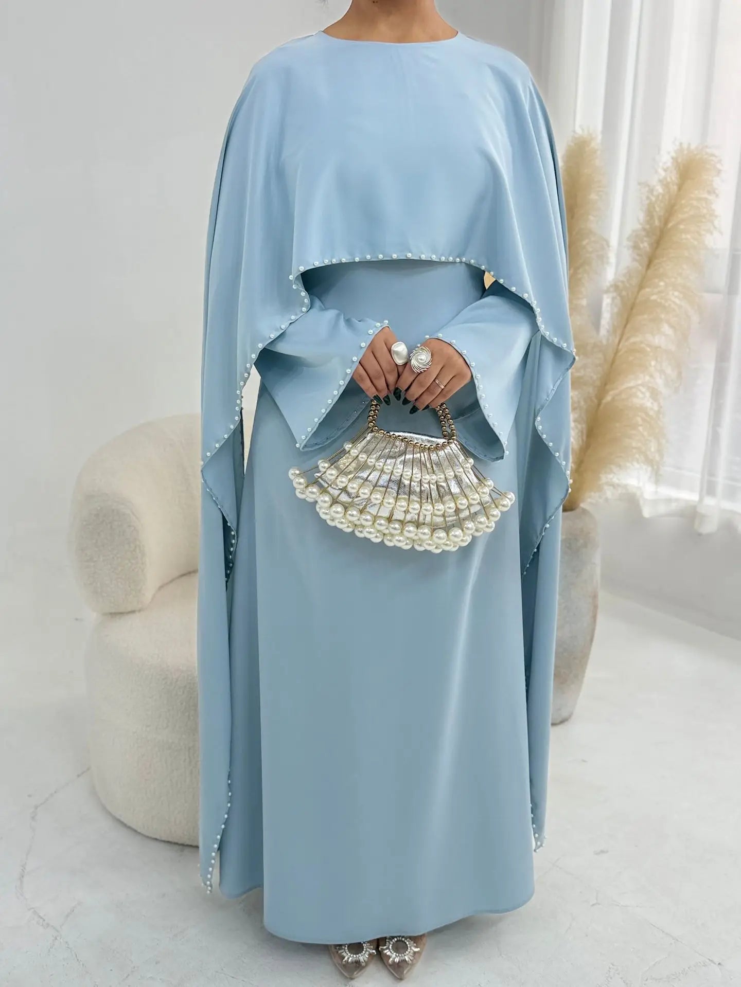 Elegant Beaded Muslim Party Dress - Long Sleeve Abaya Jalabiya for Eid & Ramadan
