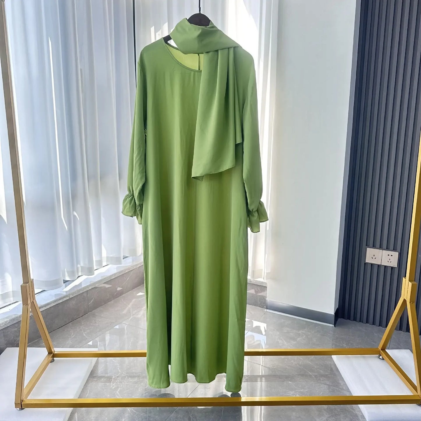 Muslim Modest Abaya Dress with Headscarf - Flare Sleeve Prayer Robe