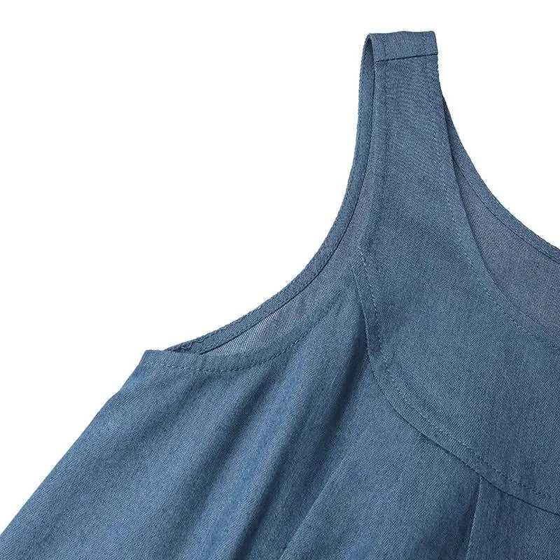 Denim Overall Dress with Pockets - Casual A-Line Maxi