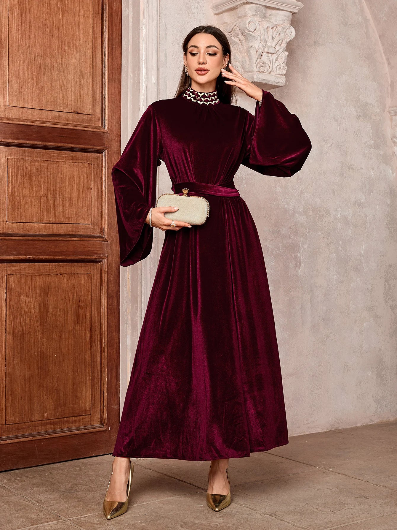 Luxury Velvet Dress with Belt - Embroidered Party Abaya