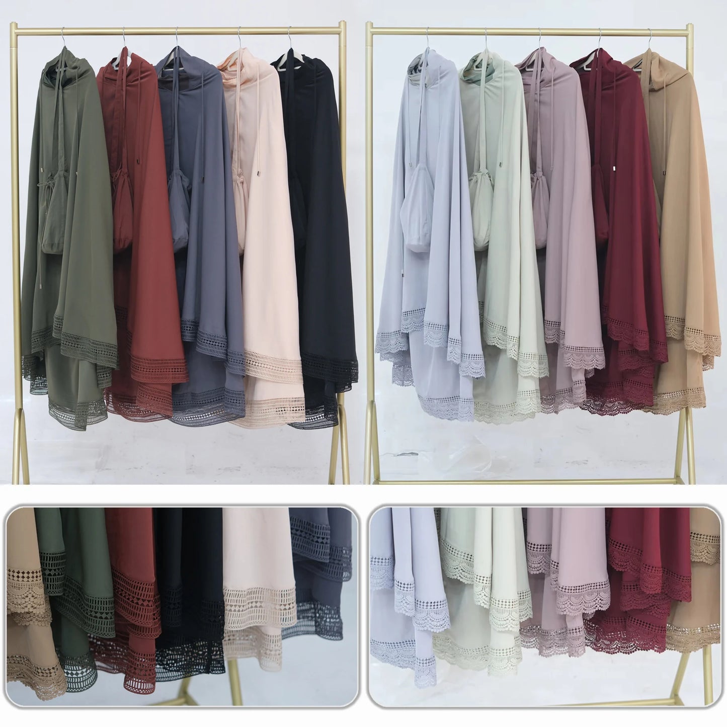 4-Piece Lace Trim Prayer Set - Complete Hijabi Salah Set with Khimar, Skirt, Rug & Pouch | Ramadan