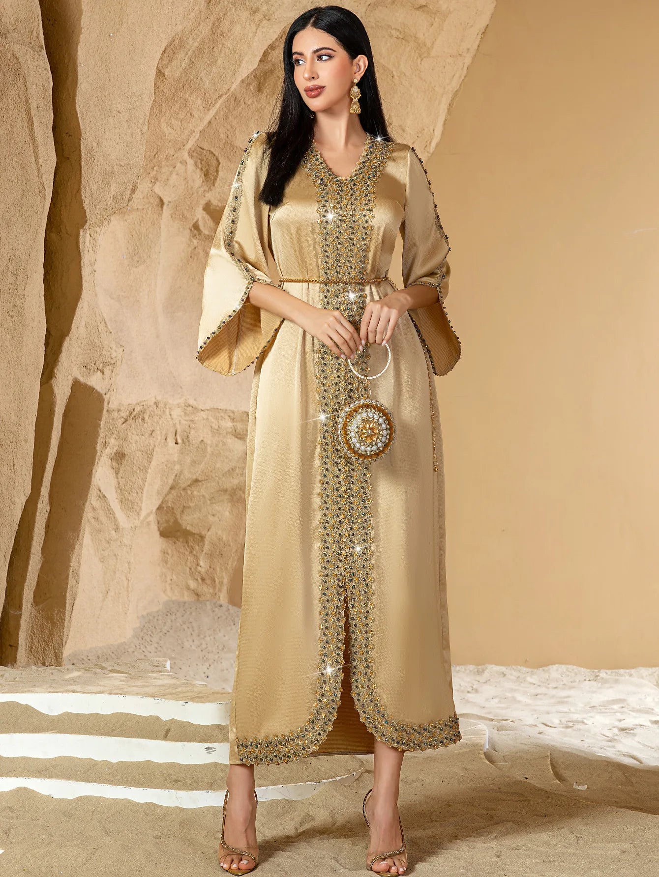Lace & Diamond Embellished Party Abaya - Elegant Long Robe