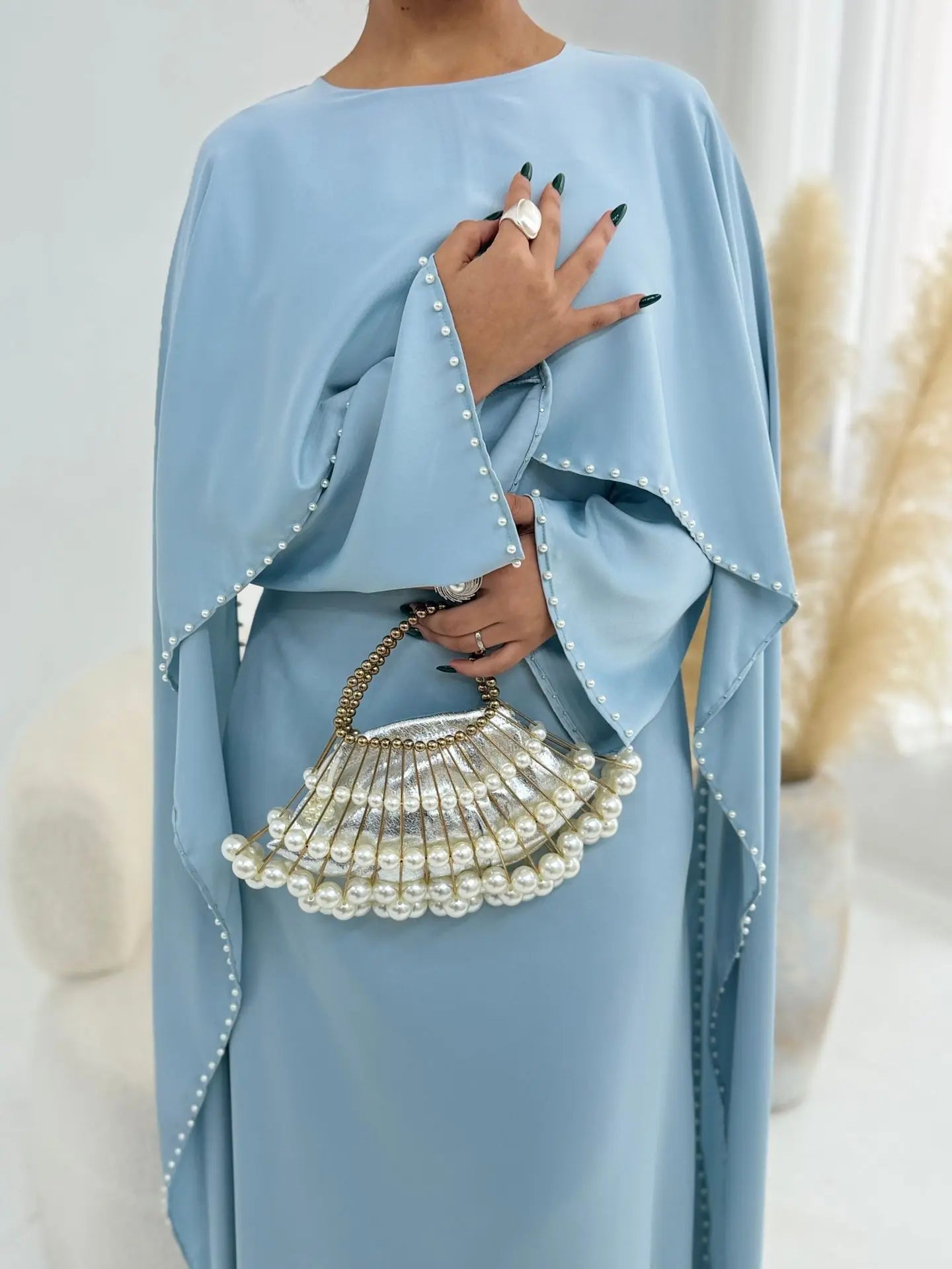 Elegant Beaded Muslim Party Dress - Long Sleeve Abaya Jalabiya for Eid & Ramadan