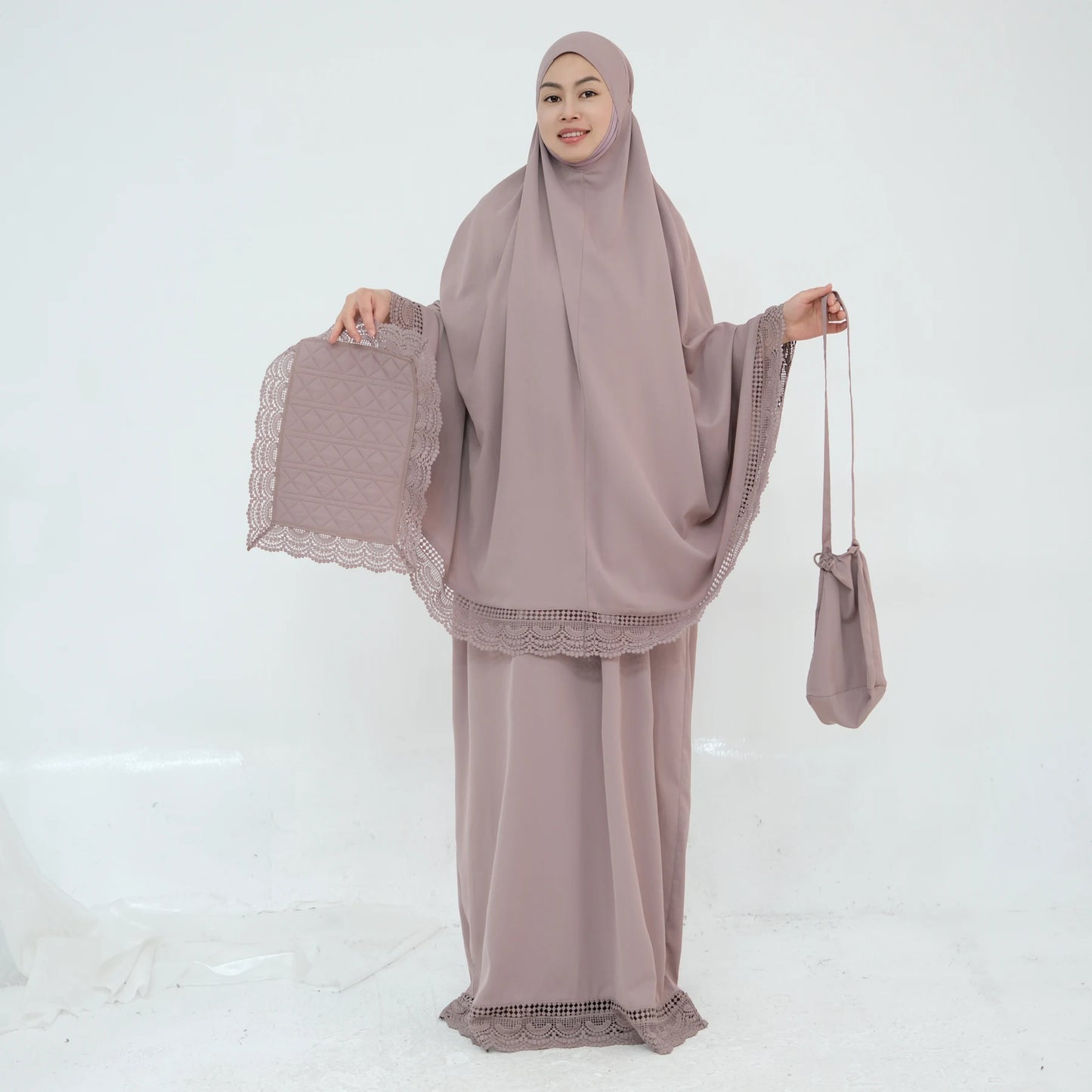 4-Piece Lace Trim Prayer Set - Complete Hijabi Salah Set with Khimar, Skirt, Rug & Pouch | Ramadan