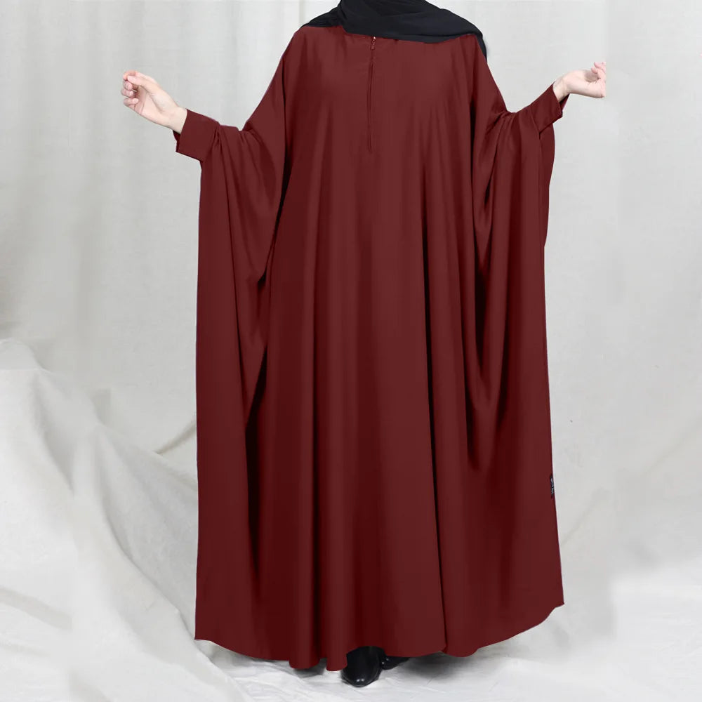 Muslim Women's Zipper Front Abaya - Modest Prayer Dress with Bat Sleeves