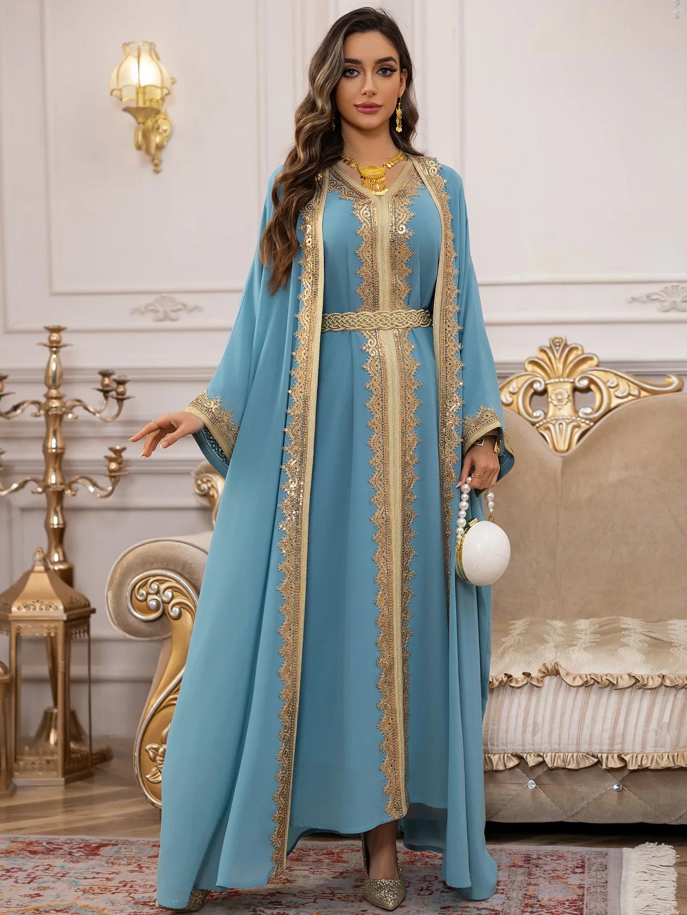 Luxury 2-Piece Kimono Cardigan & Dress Set - Embroidered Abaya