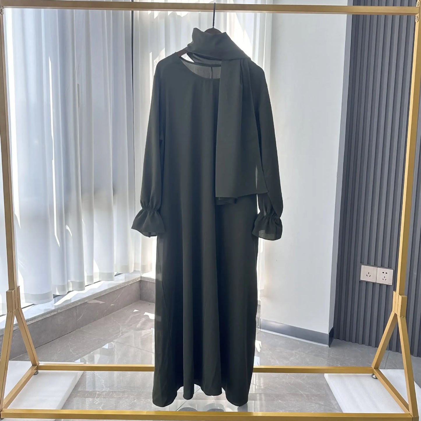 Muslim Modest Abaya Dress with Headscarf - Flare Sleeve Prayer Robe