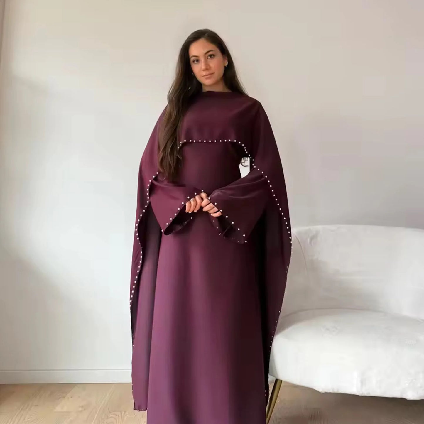 Elegant Beaded Muslim Party Dress - Long Sleeve Abaya Jalabiya for Eid & Ramadan
