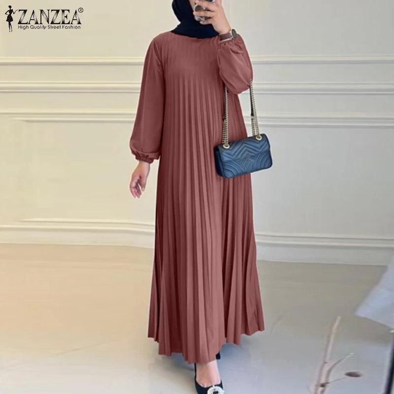 Pleated Maxi Dress - Elegant Long Sleeve Abaya