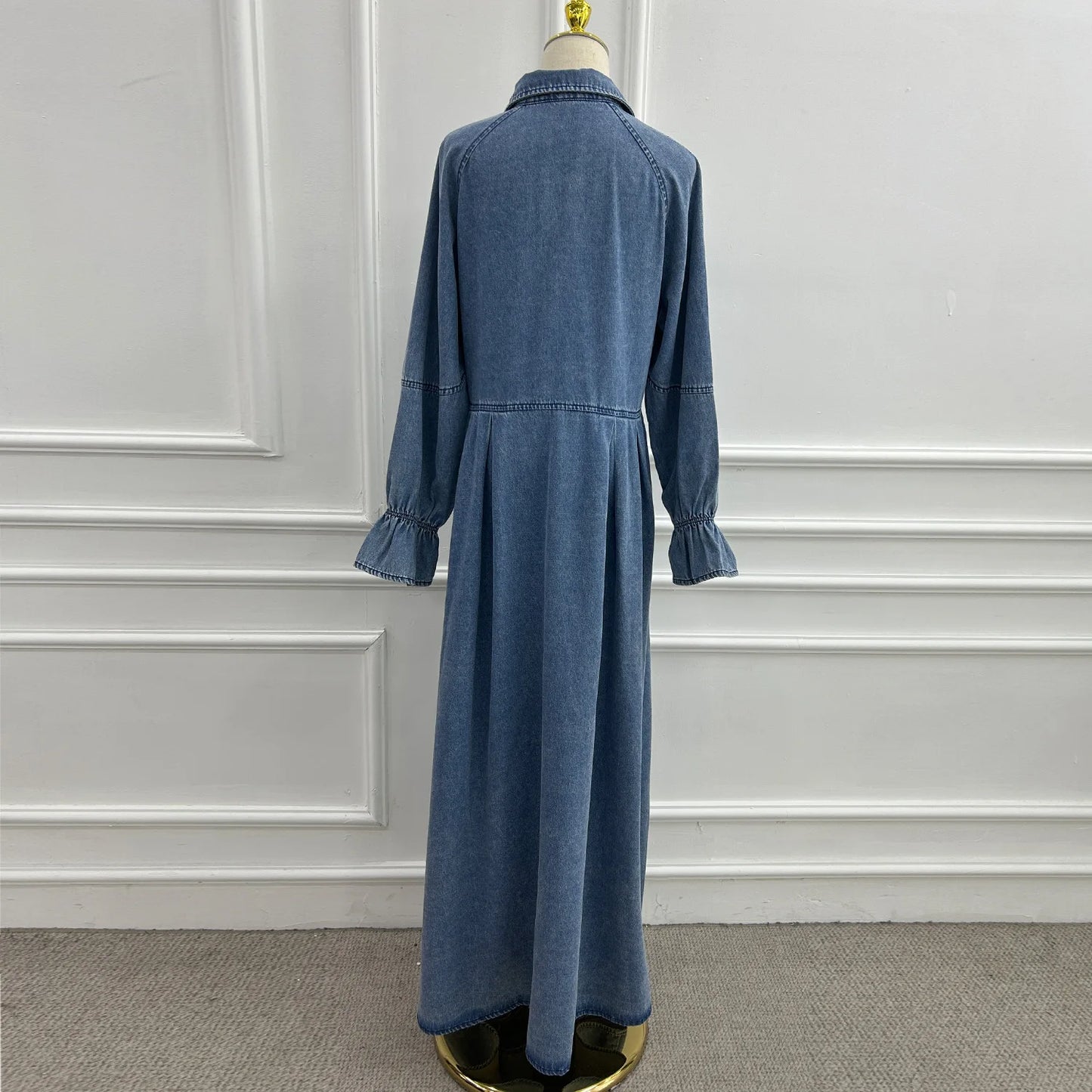 Denim Maxi Abaya Dress - Single Breasted Long Sleeve Muslim Dress for Women