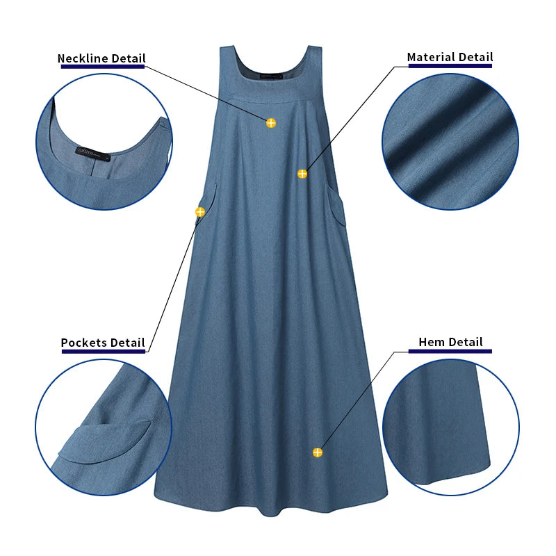 Denim Overall Dress with Pockets - Casual A-Line Maxi