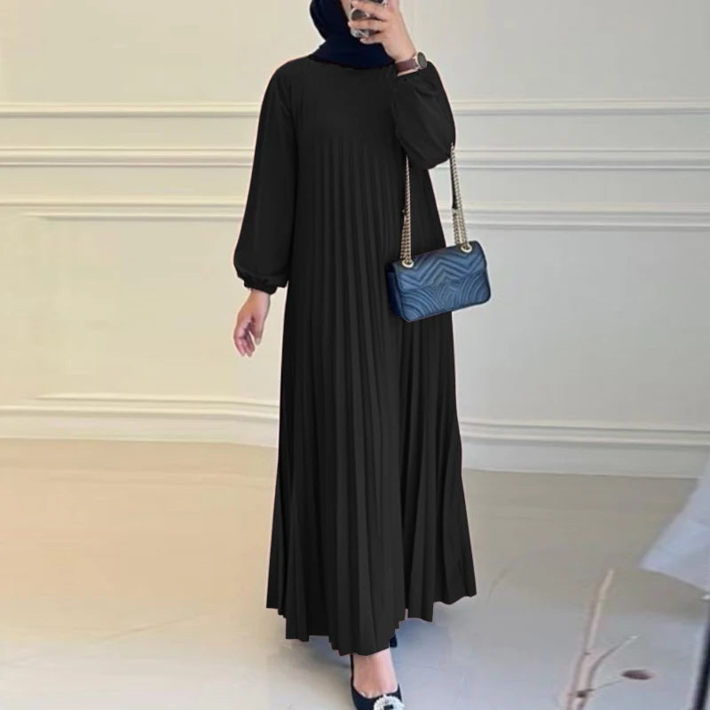 Pleated Maxi Dress - Elegant Long Sleeve Abaya