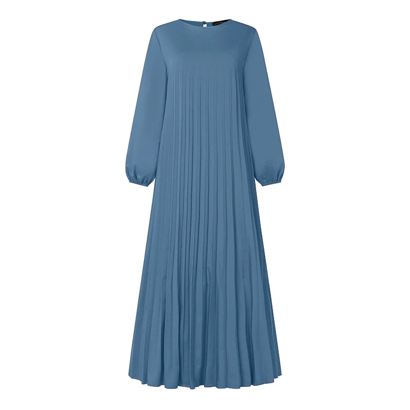 Pleated A-Line Abaya - Modest Long Dress with O-Neck