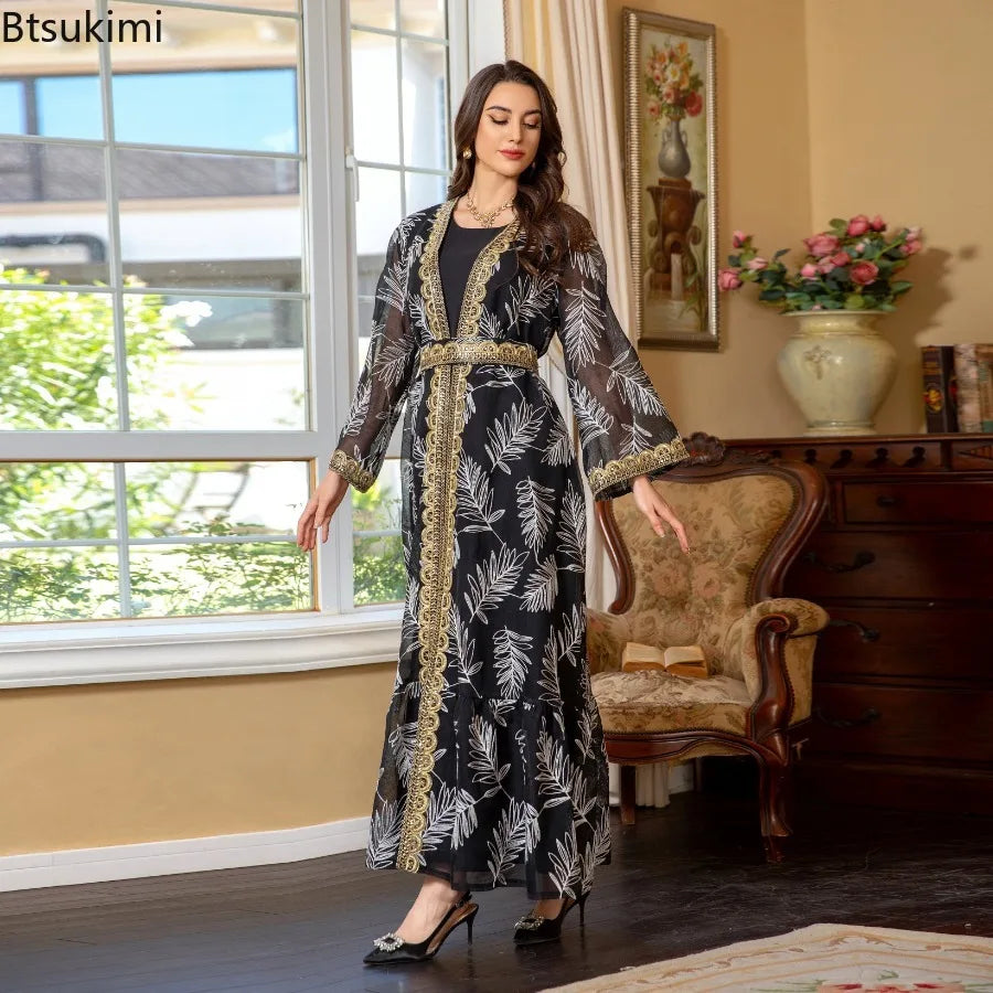 2-Piece Mesh Embroidered Muslim Set - Elegant Kaftan Robe Outfit for Women | Summer 2026