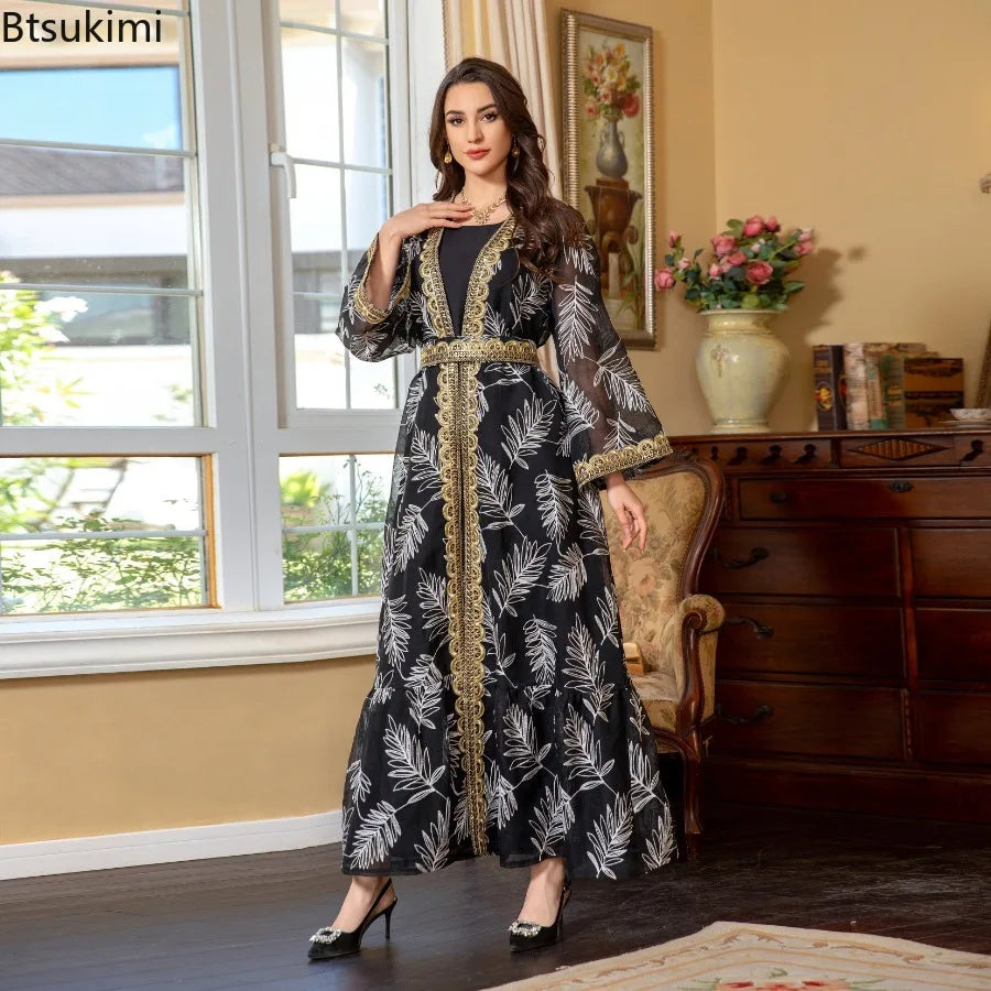 2-Piece Mesh Embroidered Muslim Set - Elegant Kaftan Robe Outfit for Women | Summer 2026