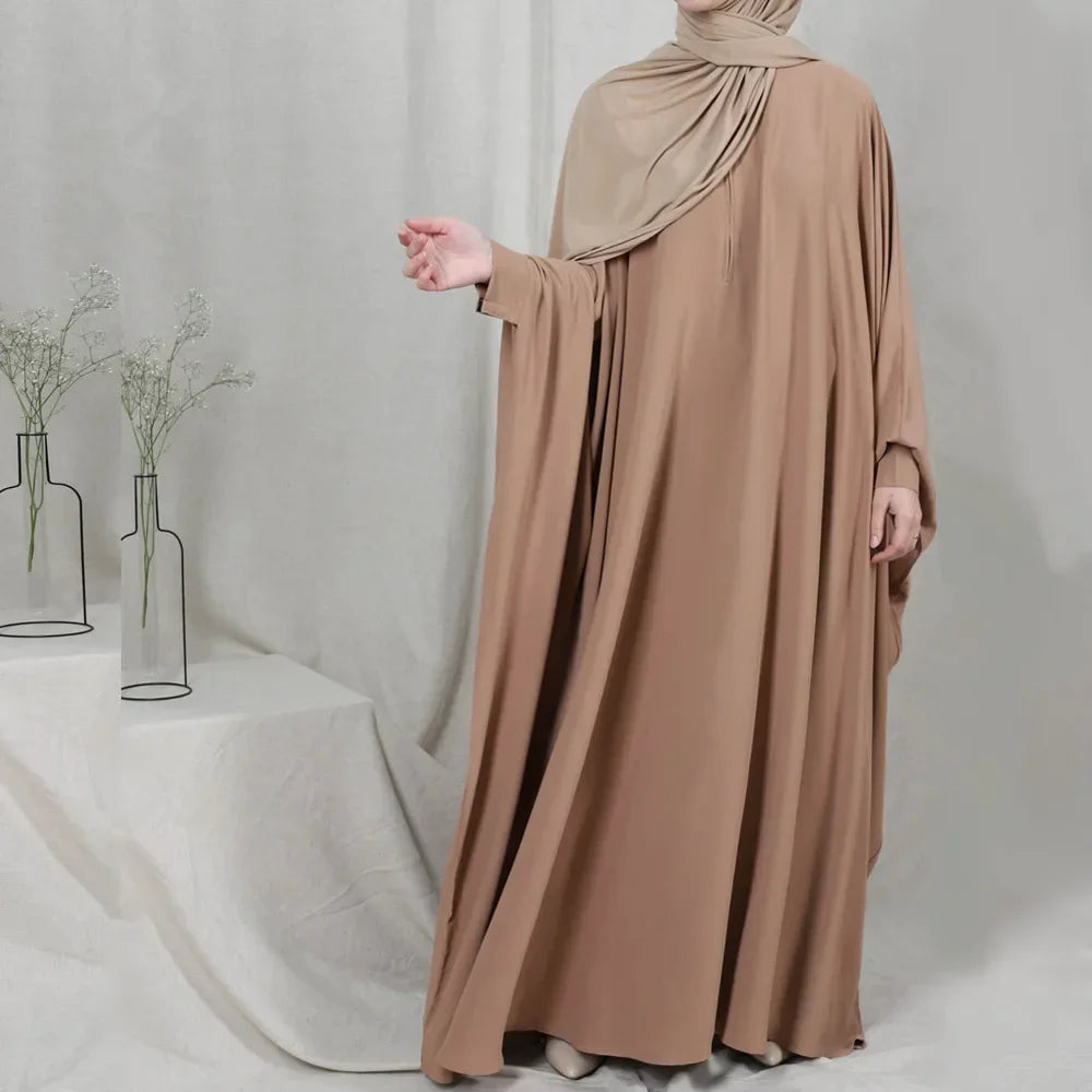 Muslim Women's Zipper Front Abaya - Modest Prayer Dress with Bat Sleeves