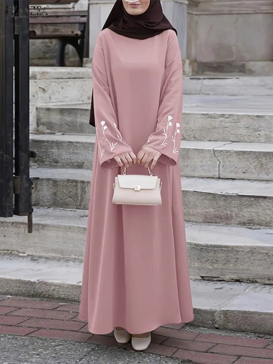 ZANZEA Embroidered Floral Muslim Dress - Elegant Long Sleeve Abaya for Women | Dubai Kaftan 2025