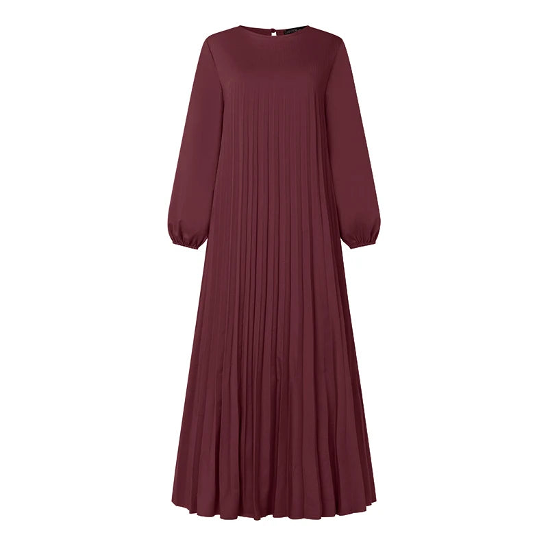 Pleated A-Line Abaya - Modest Long Dress with O-Neck