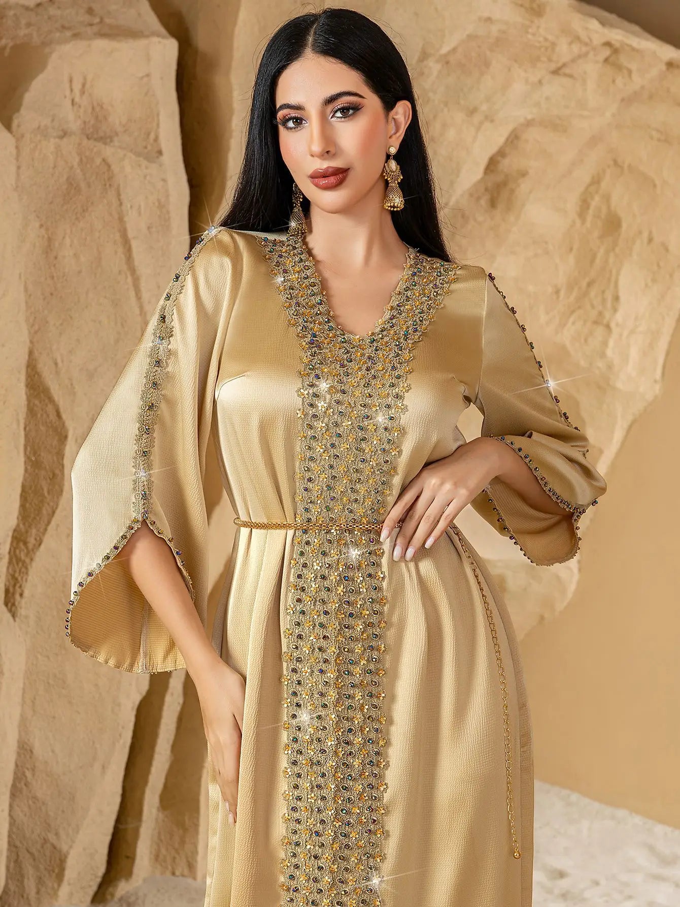 Lace & Diamond Embellished Party Abaya - Elegant Long Robe