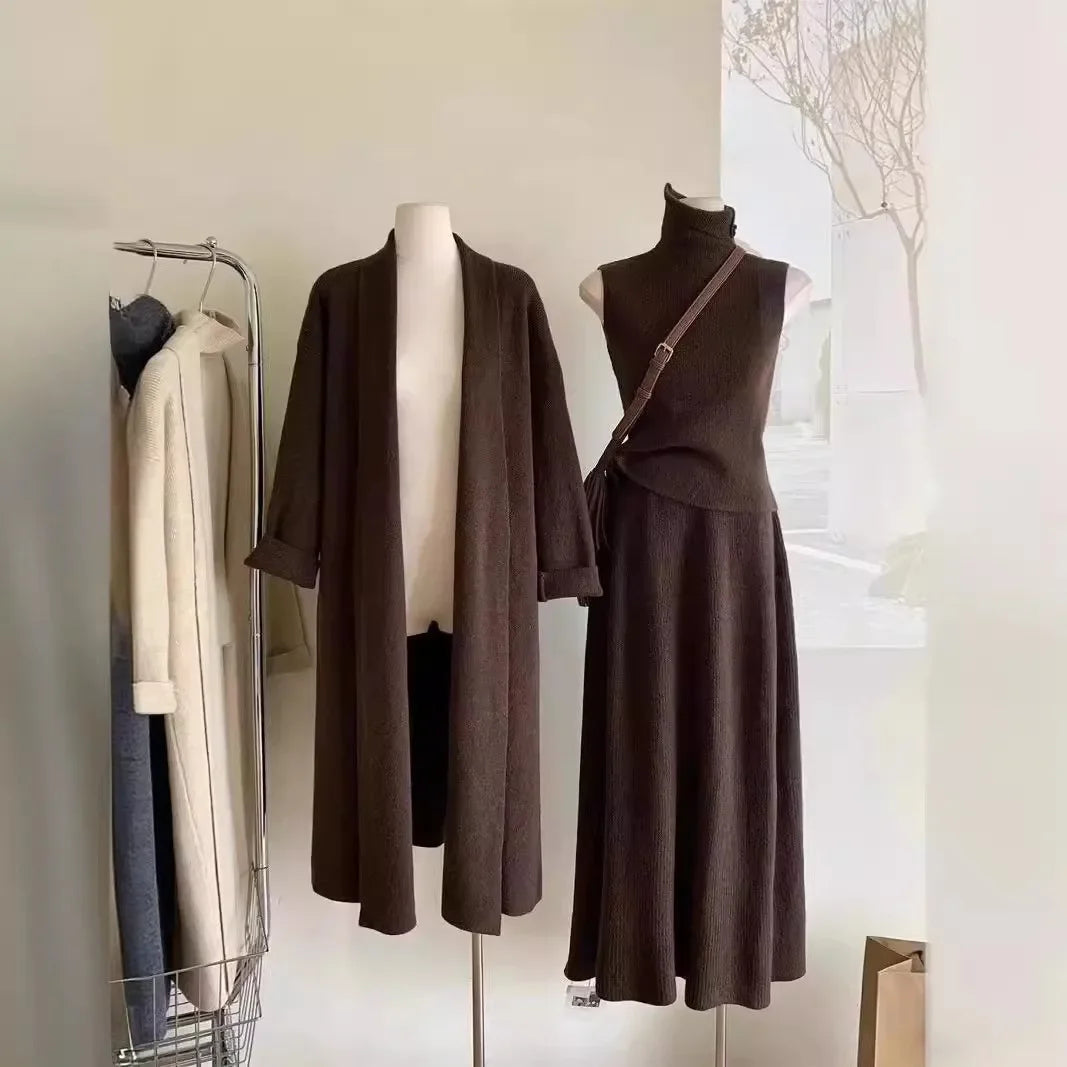 3-Piece Knitted Muslim Set - Cardigan, Waistcoat & Long Skirt Ensemble for Women