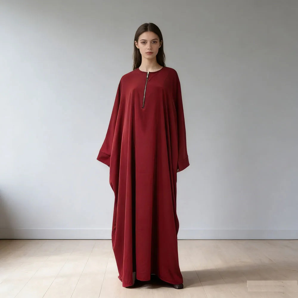 Muslim Women's Zipper Front Abaya - Modest Prayer Dress with Bat Sleeves