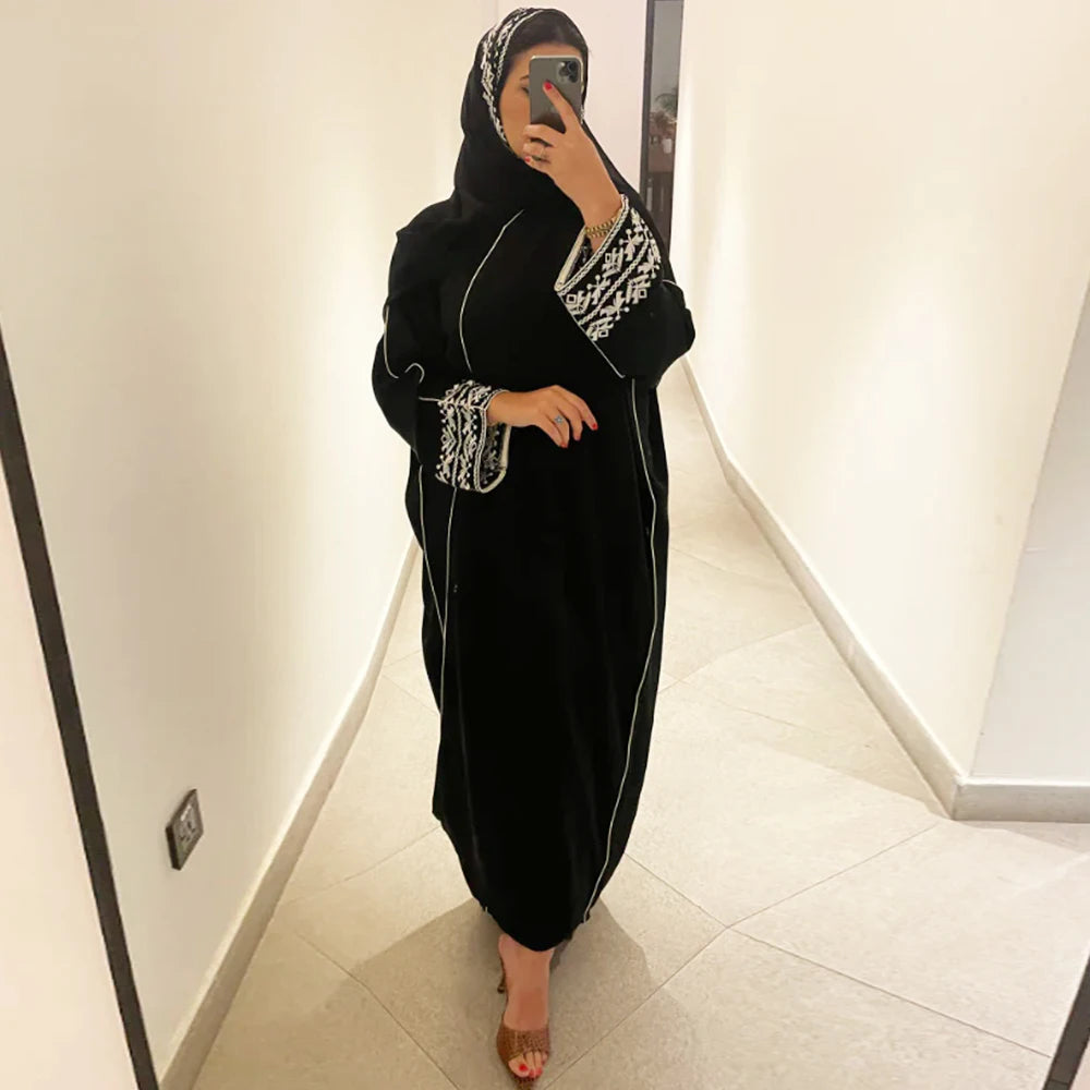 Bow Embroidered Abaya Kimono - Long Sleeve Modest Coat